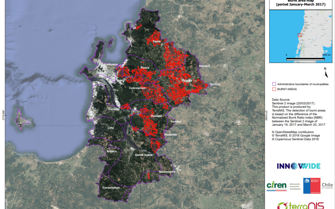 Cartographie des zones brûlées au Chili sur la province de Conception